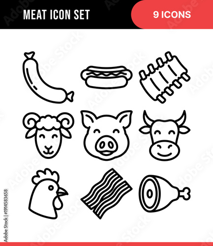 Outline Simple Animal Meat Food and Ingredient Icon Set Collection