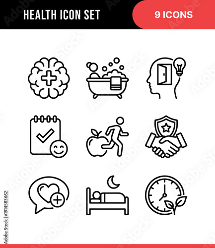 Line Art Health and Wellness Icon Set with Brain, Bathtub, and Apple