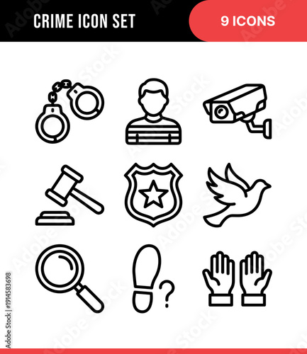 Clean Outline Crime and Law Enforcement Themed Symbol Icon Set Illustration