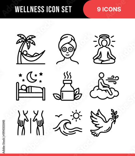 Minimalist Outline Wellness Icon Set Depicting Spa, Relaxation, and Healthy Lifestyle