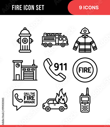 Minimalist Outline Fire Emergency and Rescue Service Icon Set Illustration