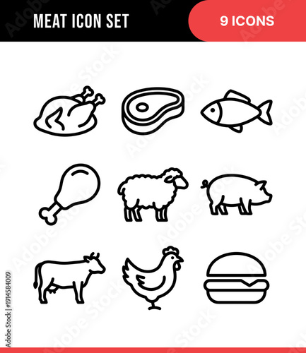 Simple Line Art Meat Type Illustration Icon Collection Set