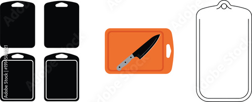 Cutting board and kitchen knife with chopping board silhouette icon set vector collection