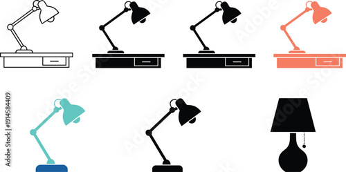 Desk lamp icon set modern table lighting collection flat and line vector illustration