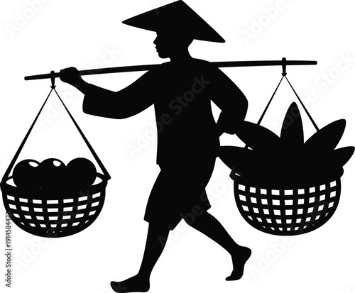 Traditional farmer silhouette carrying baskets of fresh produce, rural agriculture harvest concept, Asian street vendor culture, manual labor, local market supply illustration