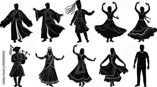 Traditional folk dance silhouette set featuring male and female performers in cultural costumes, ethnic music and movement poses, heritage celebration, black vector illustration isolated on white 