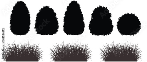 Black bush and grass silhouette collection featuring various garden shrubs plants and meadow turf isolated on white background for nature landscape design