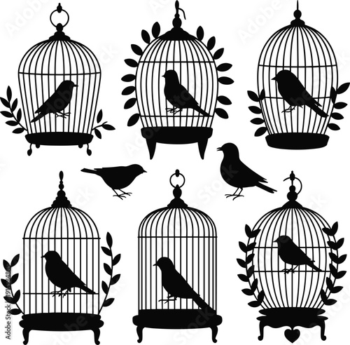 Vintage birdcage silhouettes with perched birds and decorative leaves, elegant black vector illustration set isolated on white background for design projects