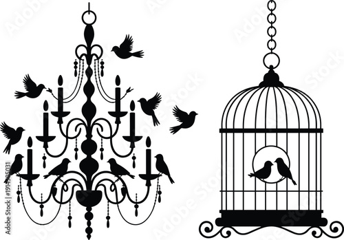 Vintage chandelier and decorative hanging birdcage with flying birds silhouettes isolated on white background, elegant ornamental interior decor illustration, classic romantic design element
