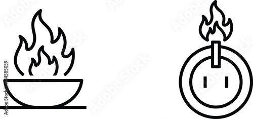 Fire bowl and flaming electrical outlet icon set danger warning outline vector collection