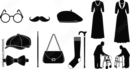 Vintage fashion accessories and elderly couple silhouettes isolated on white background, classic clothing icons illustration representing retro lifestyle, senior age concept, timeless style and 