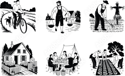 Vintage rural life illustration set showing farmers working in fields, countryside activities, family outdoor dining, cycling, traditional farming tools, and classic farmhouse scenes