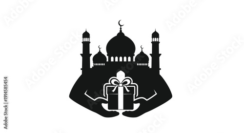 Silhouette Mosque with Gift Box in Hands