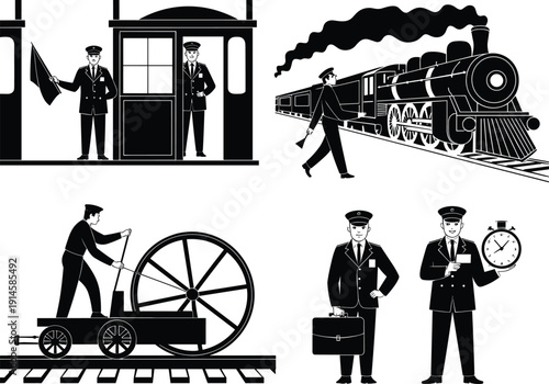 Vintage railway workers silhouette set with steam locomotive, station signalmen, train conductor, mechanical maintenance scenes, classic railroad transportation, black vector illustration isolated on 