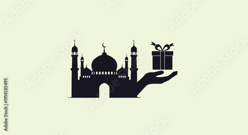 Islamic Mosque silhouette on hand with gift box