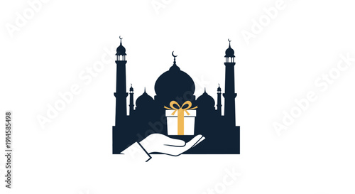Hand offering gift box in front of mosque silhouette