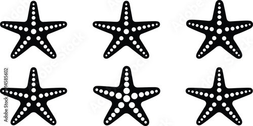 Set of six black starfish silhouettes with dotted patterns isolated on white background, perfect for nautical summer decor, ocean life themes, and marine biology illustrations.