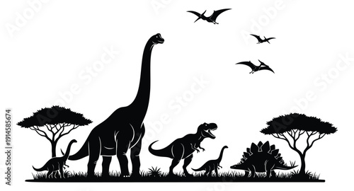 Simple silhouette dinosaur set featuring various prehistoric animals and landscape elements for educational materials and graphic design