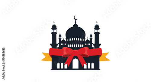 Mosque silhouette with large red ribbon and gold banners