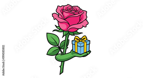 Pink rose with gift box held by green hand