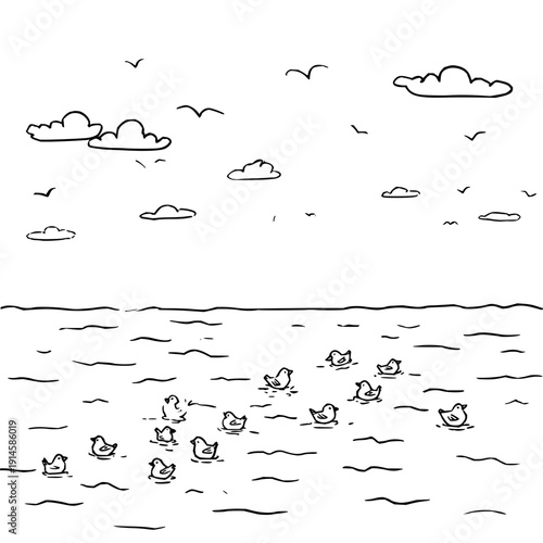Seagulls flying over ocean waves sea birds flock water illustration