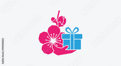 Pink flower with blue gift box held by hand