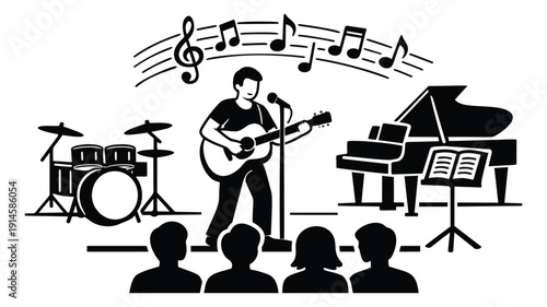 Monochromatic graphic illustration of a live music performance depicting a musician playing guitar and singing on stage with instruments and audience for music events