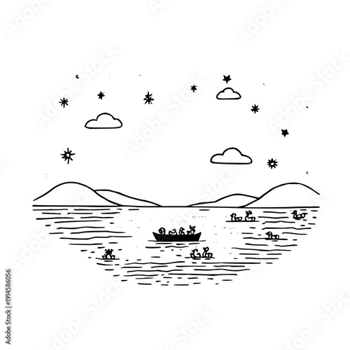 Boat on water under starry night sky stars clouds mountains illustration