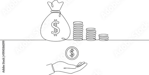 Money bag coins and hand with dollar coin line icon set finance vector illustration