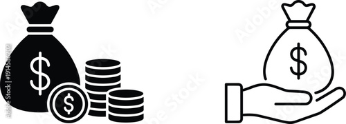 Money bag with coins and hand holding dollar bag icon set finance vector collection