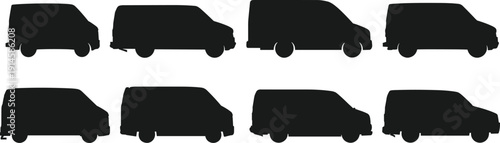 Collection of Delivery Van Silhouettes in Different Side Views Isolated on White Background for Transport and Logistics Design