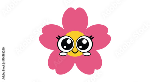 Cute pink flower with yellow center and big eyes