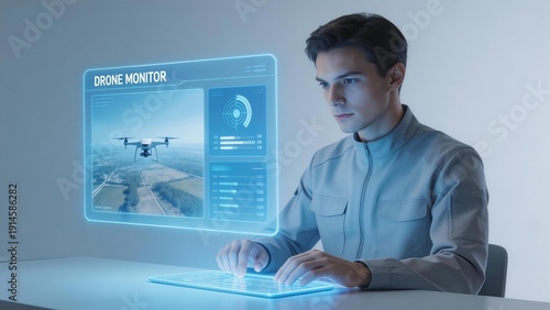 Man operating drone with holographic interface