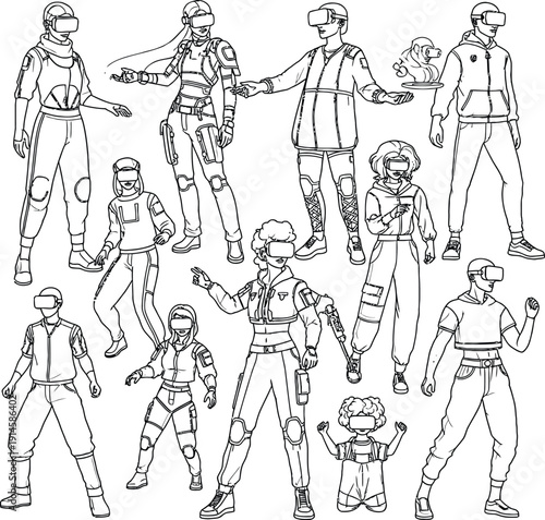 Collection of futuristic characters in various dynamic poses and outfits.