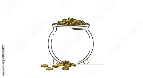 Pot of gold coins overflowing with scattered currency at base