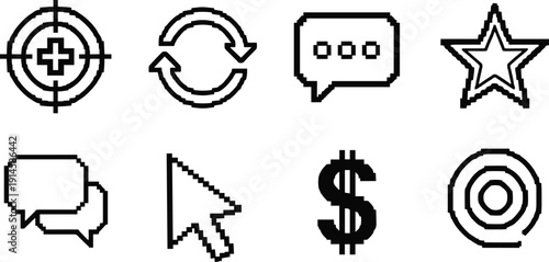 Pixel art icon set featuring target refresh chat bubble star cursor dollar sign and bullseye symbols isolated on white background for game design
