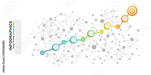 5 steps business infographic with target goal, progress chart, and network connections for success strategy