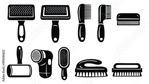 Simple grooming and cleaning tools set featuring pet brushes, combs, and lint removers for home and textile care