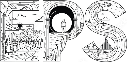A detailed illustration of the letters pos with landscapes and figures inside .