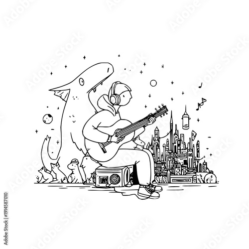 Man playing guitar with whale on city background illustration line art vector