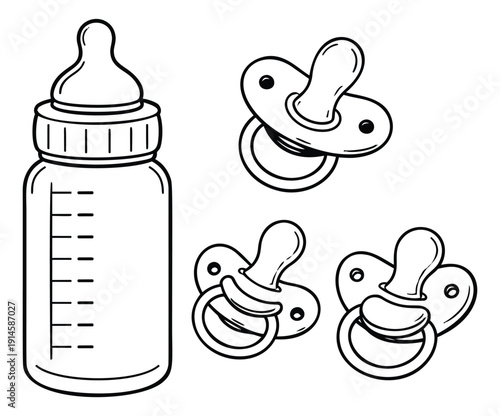Hand drawn line art baby accessories set featuring a feeding bottle and pacifiers for newborns