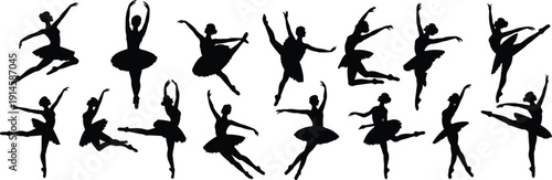 Set of Ballerina Silhouettes Performing Ballet Jumps and Elegant Dance Poses Isolated on White Background
