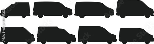 Set of Cargo and Delivery Van Silhouettes in Various Side Profiles Isolated on White Background