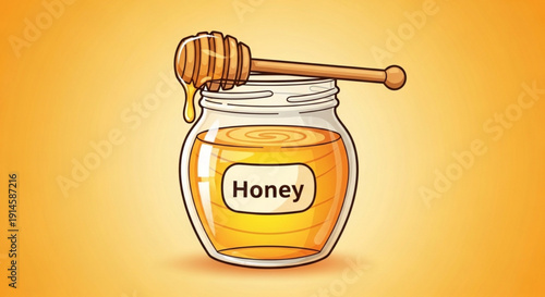 Golden honey in a glass jar with wooden dipper on yellow background