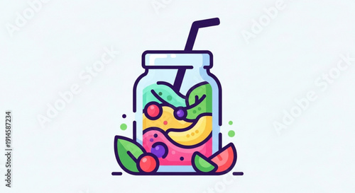 Fresh fruit smoothie in a mason jar with straw and colorful ingredients