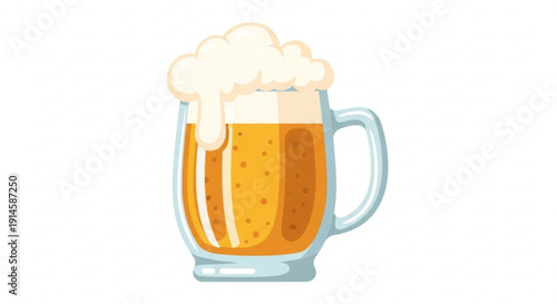 Frothy beer mug illustration with golden liquid and white foam on transparent background