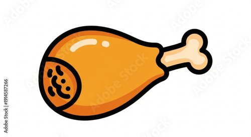 Illustration of a single roasted chicken drumstick with bone in golden brown color on white background