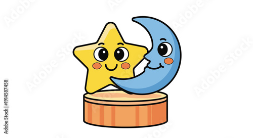 Star and Moon Plush Characters on Wooden Stand
