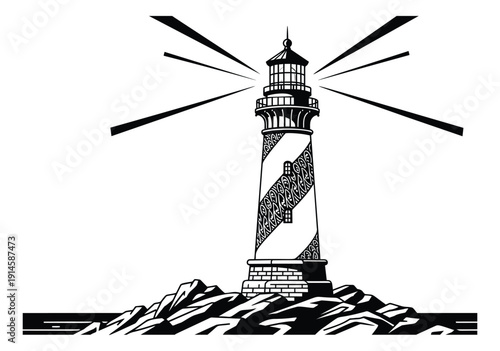 Line art illustration of a lighthouse depicting bright illumination for maritime guidance