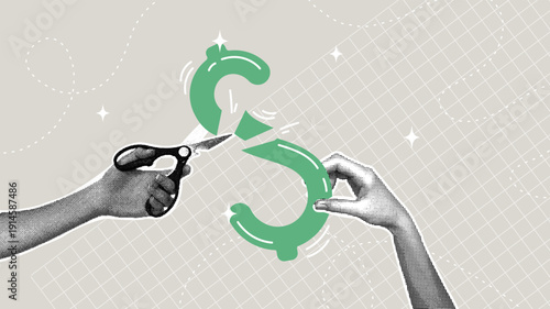 Cost cutting, budget slashing, financial control. Trendy halftone collage. Concept of cost cutting, expense management, and business strategy.